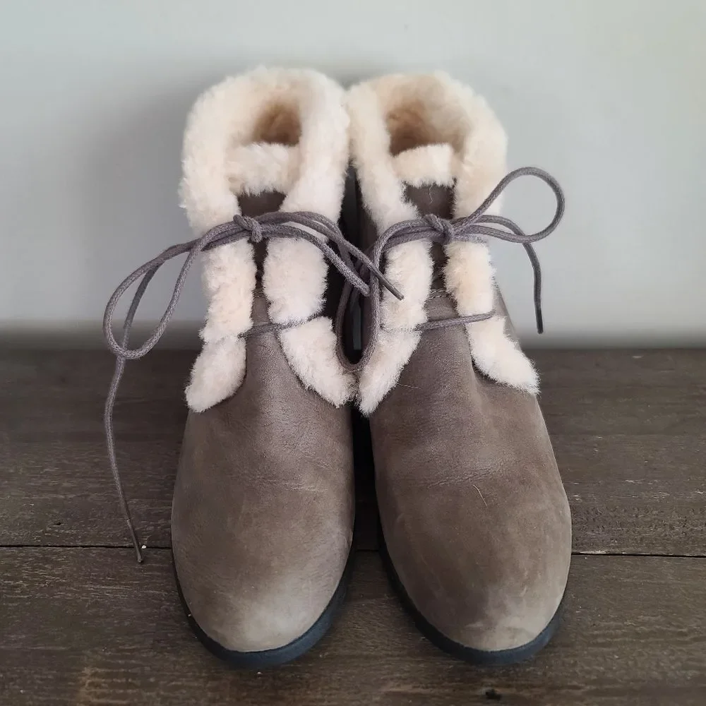 UGG Jeovana Boots Gray Suede Waterproof 1017421 Wedge Lace Up Booties Size 8.5
